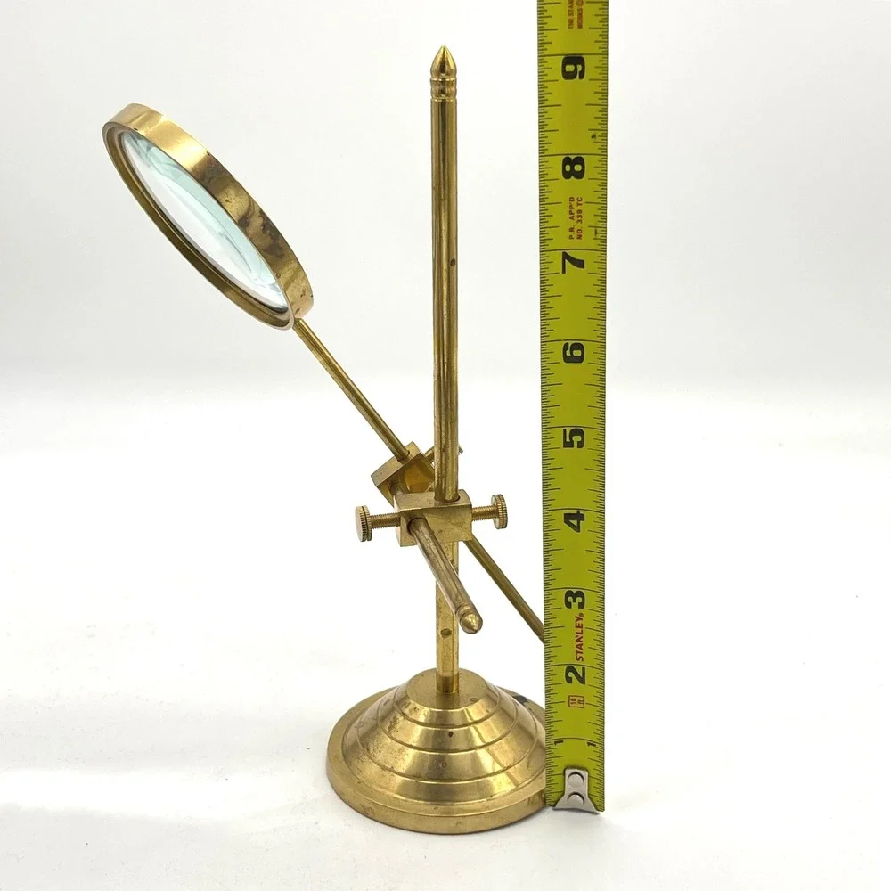 Vintage Solid Brass Adjustable Magnifying Glass Stand Desk Accessory Scientific